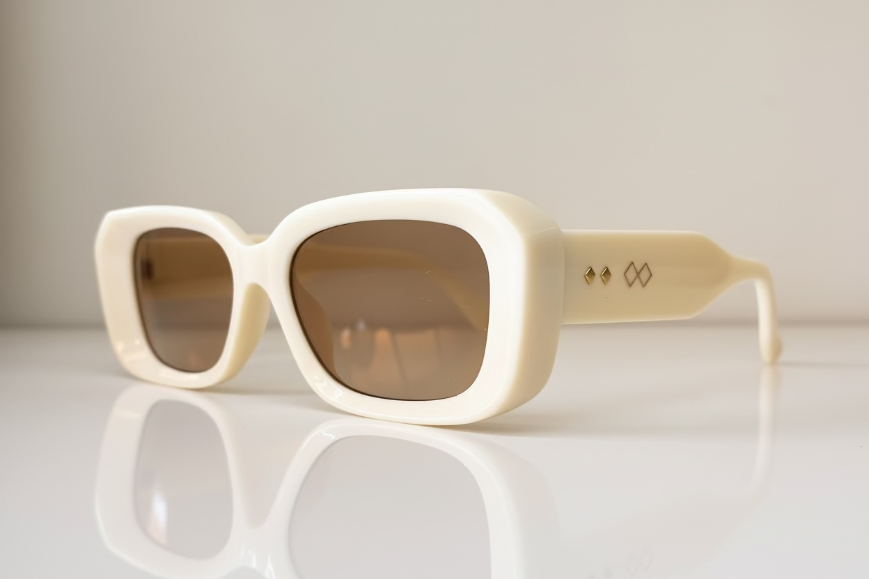 Beige sunglasses, rectangular shape, and beige lens. amazing for marbella lifestyle
