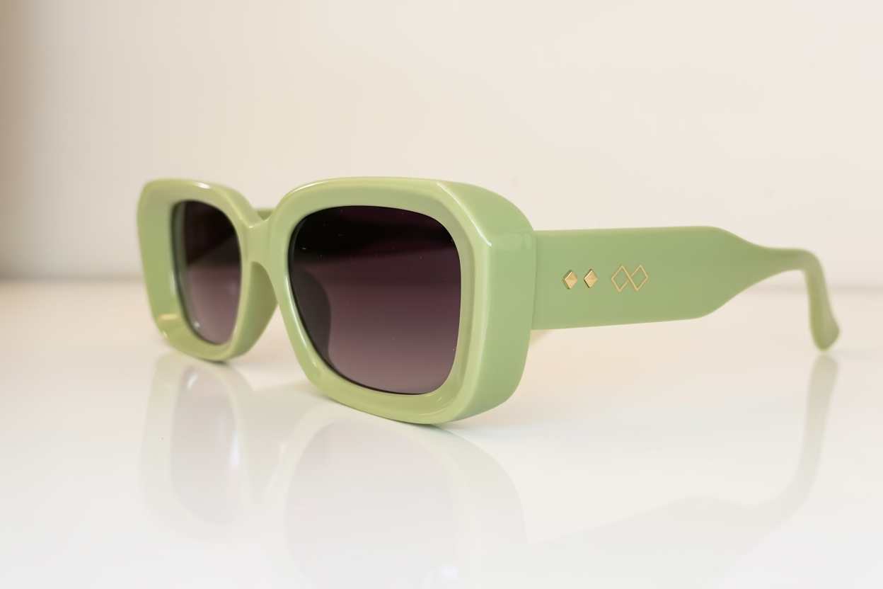 Sunglasses with rectangular shape. Green color, light bark purple lenses, for all day Marbella Lifestyle.