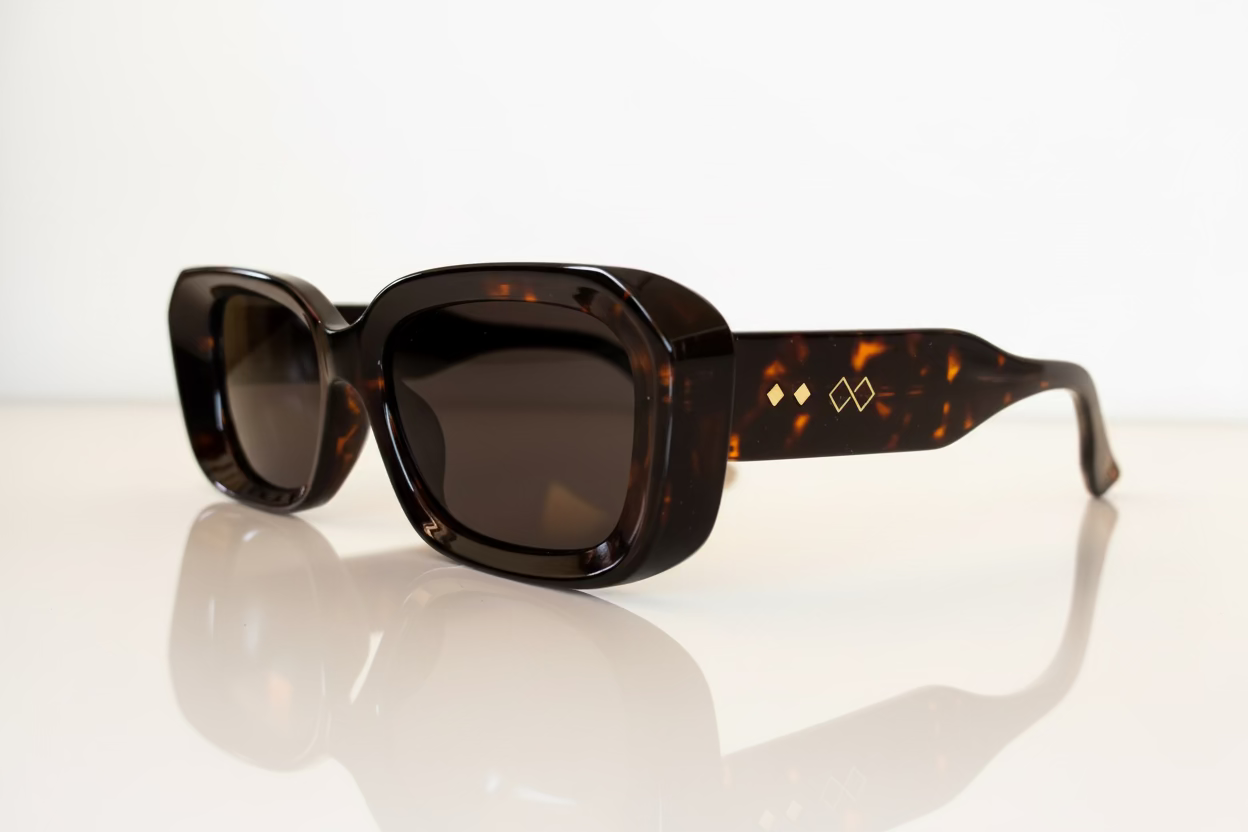 Sunglasses with tortoiseshell frame on a reflective surface