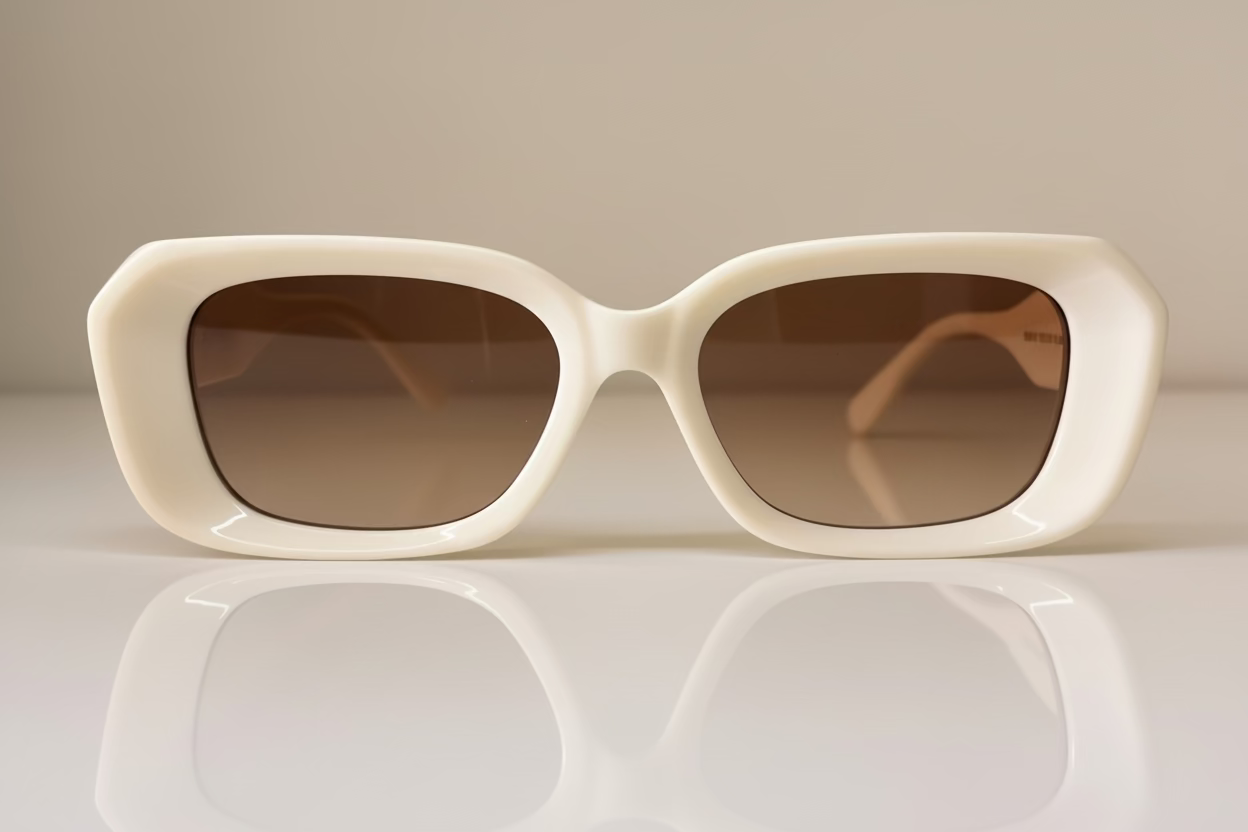 Rectangular sunglasses with light beige color, on temple and lens, the fabulous style, all day wearable, marbella lifestyle