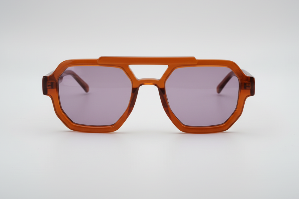 A pair of aviator style sunglasses with a brown frame and blue lenses.