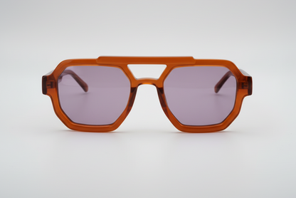 A pair of aviator style sunglasses with a brown frame and blue lenses.