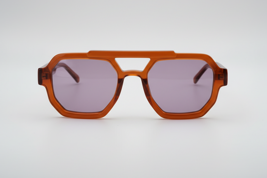 A pair of aviator style sunglasses with a brown frame and blue lenses.