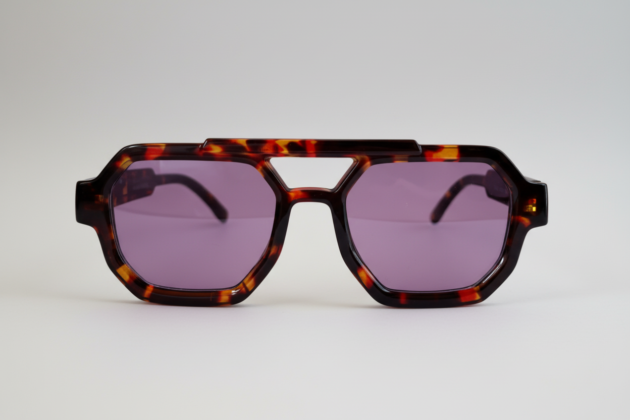 A pair of aviator style sunglasses with a tartarooga frame and purple lenses.